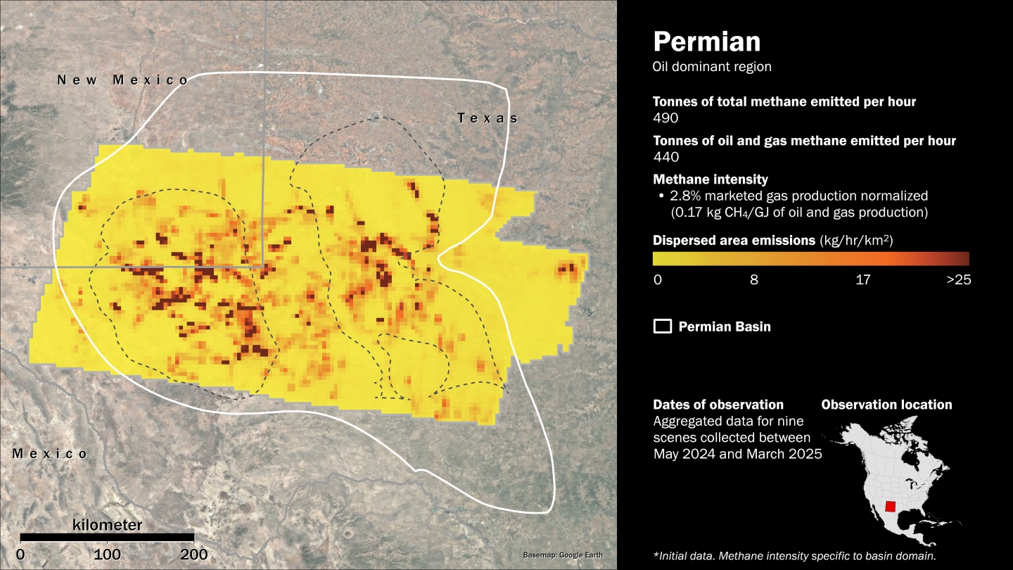 Aggregated mapping of methane emissions across a 4 km x 4 km grid in the Permian